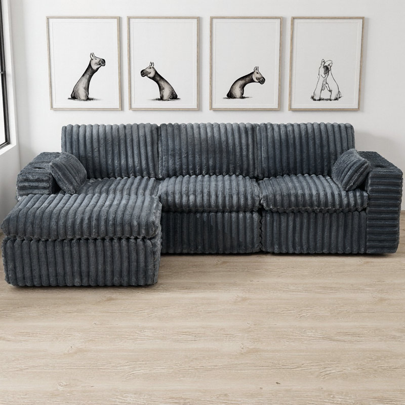 Canapé modulaire rembourré en chenille nervuré avec repose-pieds, canapé compressé 3 places à profil bas, mousse haute densité, aucun assemblage requis pour les petits espaces, salon
