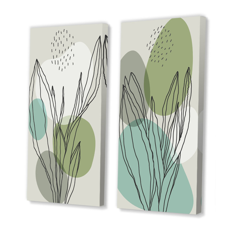 «Green Botanical Abstract Leaves I», ensemble de 2 peintures, Toile tendue, H 20 po x l 24 po x P 1 po
