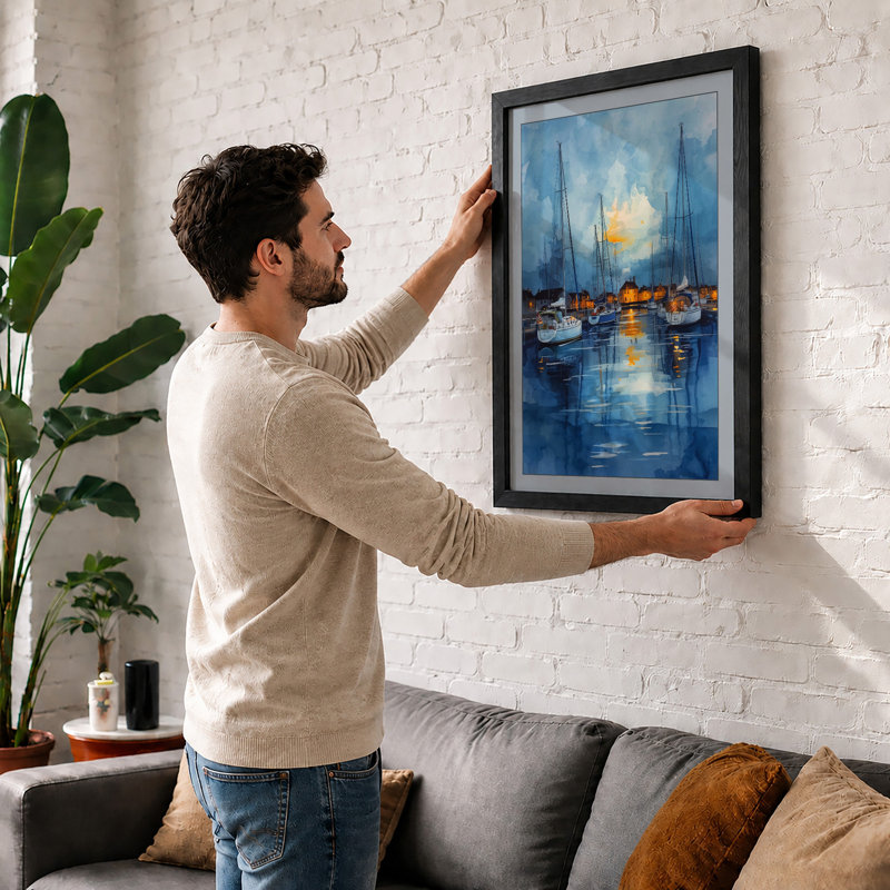 Harbor at Dusk Coastal Framed Print, Black, A3 - 42.0 x 29.7 cm