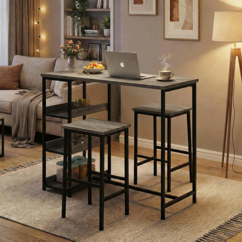 3-Piece Kitchen Table Set with Storage Shelves & 2 Bar Stools, Gray