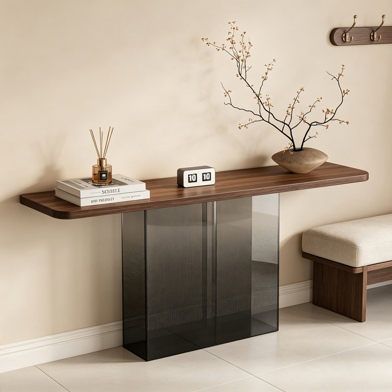 Console en acrylique noyer pour entrée, H 29,53 po x l 63 po x P 11,81 po