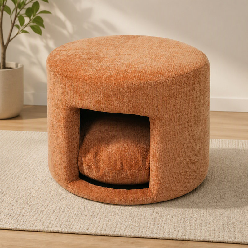 Repose-pieds pour animaux de compagnie avec coin caché, coussin amovible et pieds en bois d'acacia