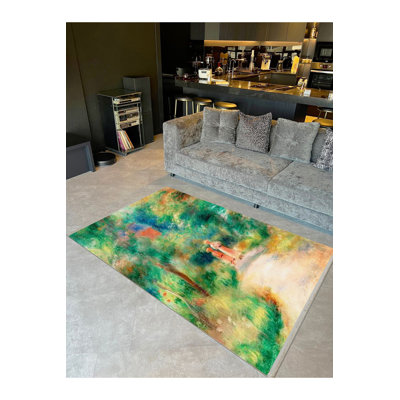 Pastel Tones Trees and Child Figures Patterned Modern Decorative Rug