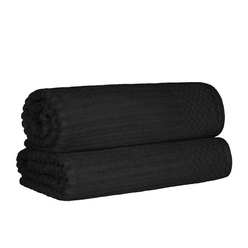 Ruvins Cotton Highly Absorbent Solid and Checkered Border Bath Sheet Set, Black