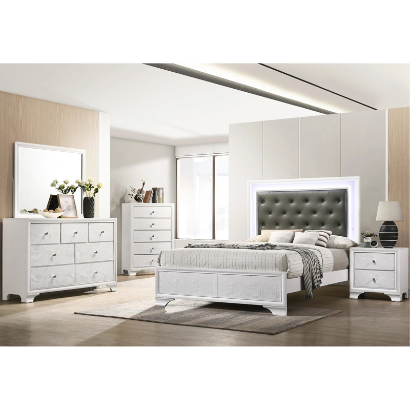 Lit moderne pour lit simple avec tête de lit tapissier en faux diamant et porte-gobelet en crocodile blanc