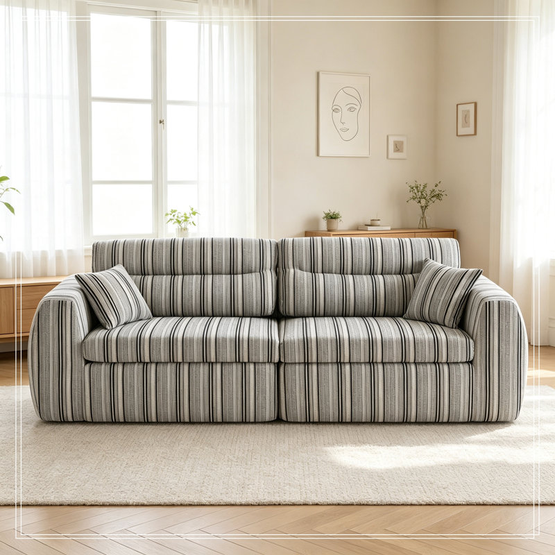 Chenille Striped Compression Sofa with 2 pillows, Black+White