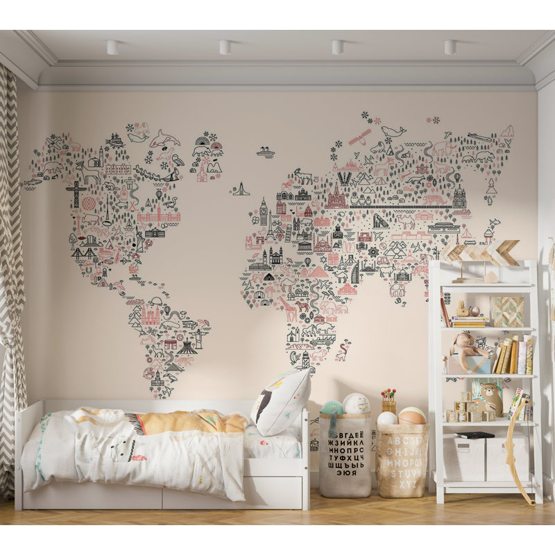 Papier peint pour enfants, carte du monde avec des icônes, L 78 po x L 55 po