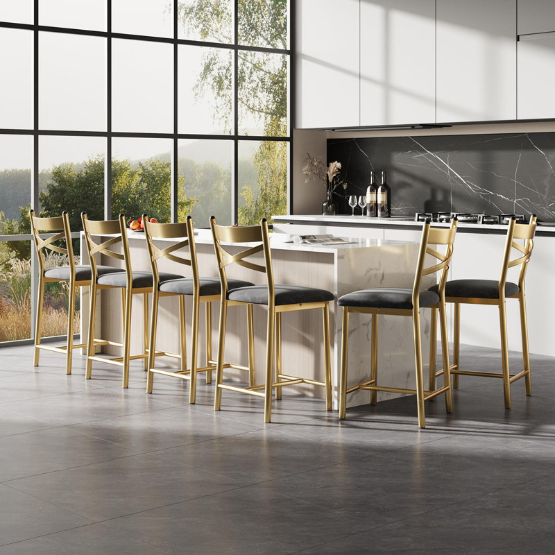 Ensemble de 6 tabourets de bar à structure en métal doré, chaises de salle à manger rembourrées en cuir de polyuréthane de 26 po avec dossier pour le bar de la cuisine et de la maison