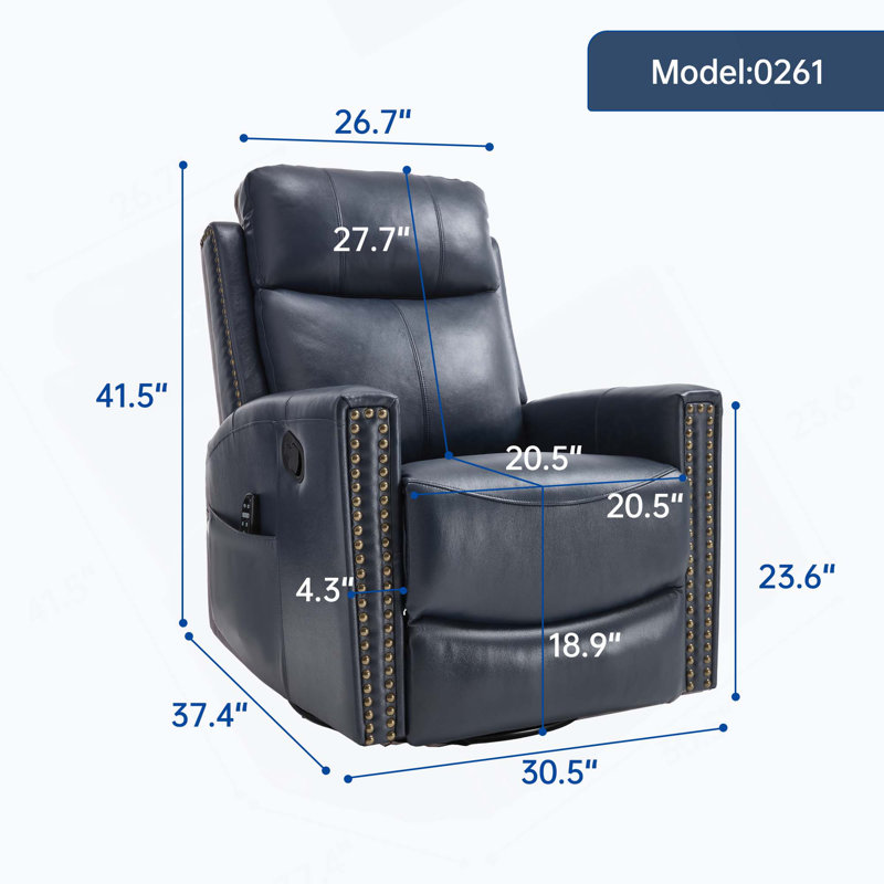 Genuine Leather Heat Massage Manual Recliner Chair with Rocker & Swivel for Living Room, Blue