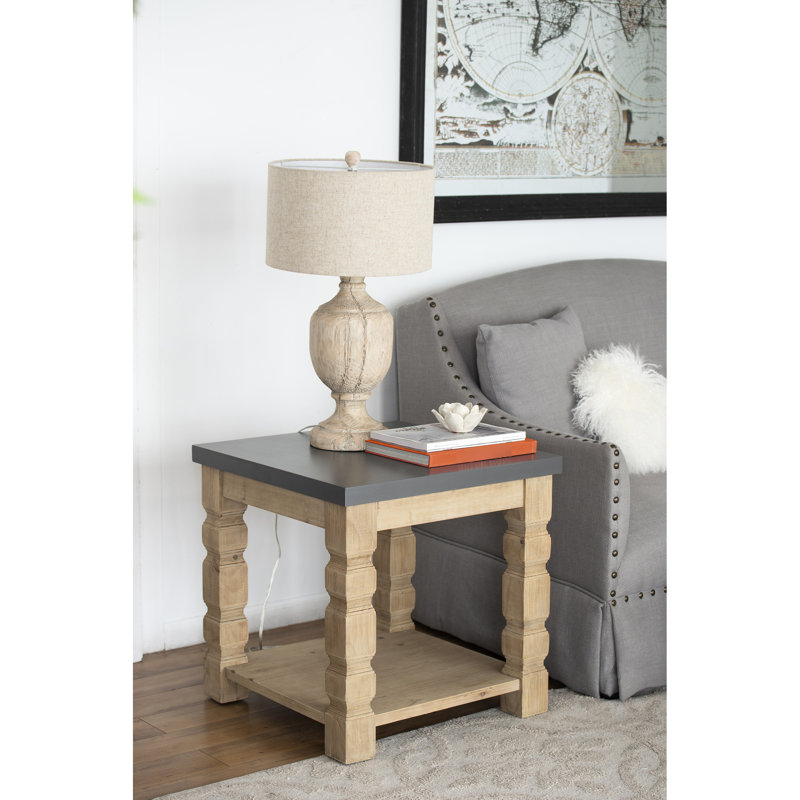 Table d'appoint en béton et en bois, 23,8 x 23,8 x 24 po, style contemporain rustique, table carrée avec élément d'apparence et aspect bois, accessoire de maison moderne