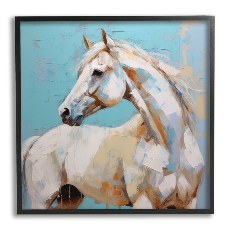 Az-082 - Cheval moderne encadré sur fond bleu, H 24 po x l 24 po x P 1,5 po, Giclée encadrée noir minuit