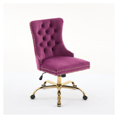 A&A Furniture Modern Velvet Home Office Chair, Tufted Button Upholstered Adjustable Swivel Desk Chair with Golden Metal Base, Purple