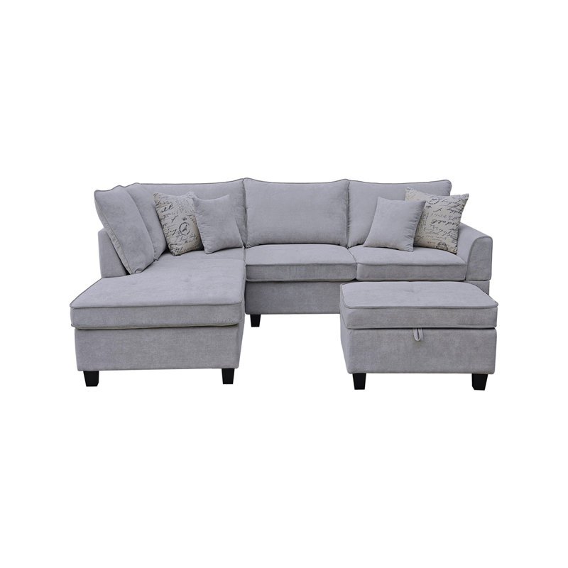 Gabriella 99.5"W Light Gray Fabric Sectional Sofa With Left-Facing Chaise And Storage Ottoman, Light Gray Fabric