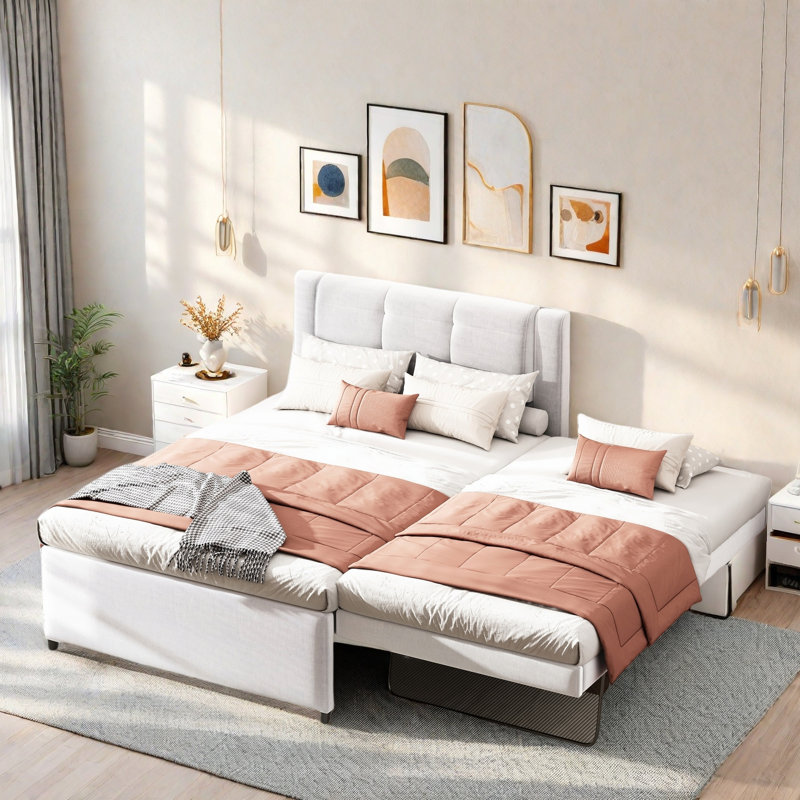 Lit plateforme tapissier avec lit gigogne multifonctionnel, Beige