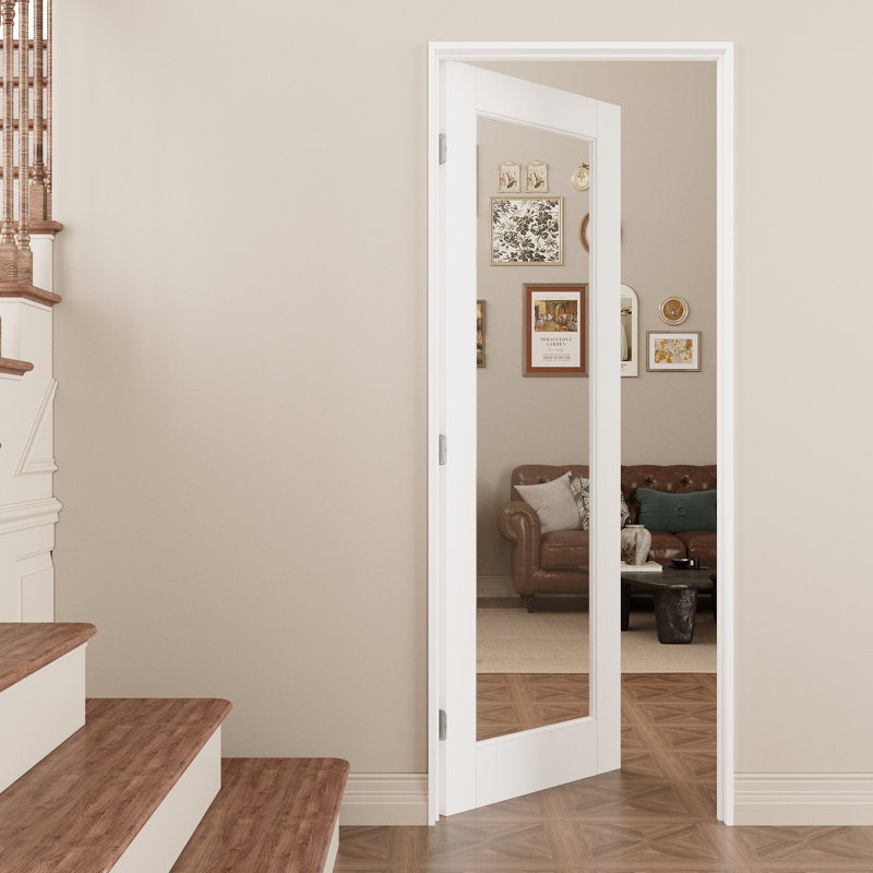 Porte intérieure à un battant en verre clair, porte prémontée en MDF CARB P2 avec verre trempé certifié SGCC, avec ensemble de chambranle, joint d'étanchéité, charnières argentées et ouverture vers l'intérieur à gauche, préfinie et facile à teindre soi-même, garde-manger, chambre, salle de bain et placard, 91,4 cm x 203,2 cm