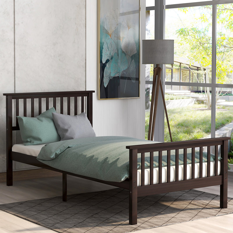 Lit moderne, lit plateforme en bois avec tête et pied de lit, Espresso