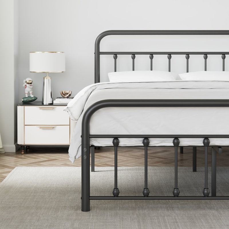 Base de lit grand avec tête de lit et pied de lit Kempst, cadre de lit plateforme en métal classique, sommier avec support à lattes en métal robuste, aucun sommier requis, silencieux