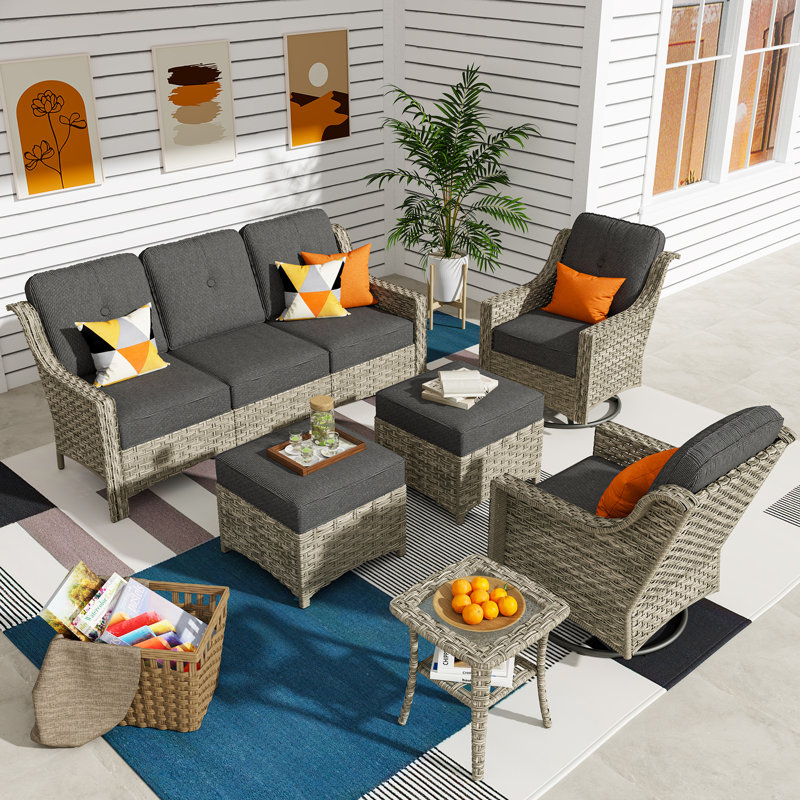 5 - Person Outdoor Conversation Set, Wicker Patio Sofa & Swivel Chair Set with Cushions, Black