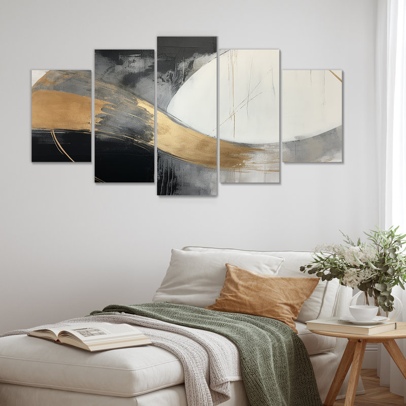 Full Moon Time Balance II - Art mural abstrait 5 pièces, 32" H x 60" W