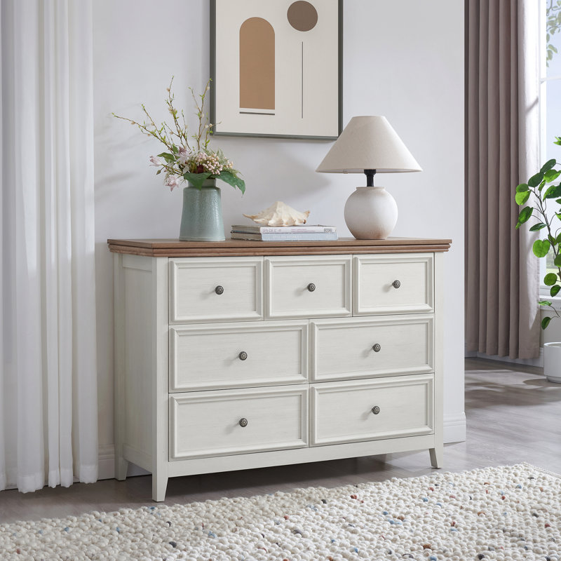 Commode 7 tiroirs, maison de campagne, rangement pour chambre à coucher - beige