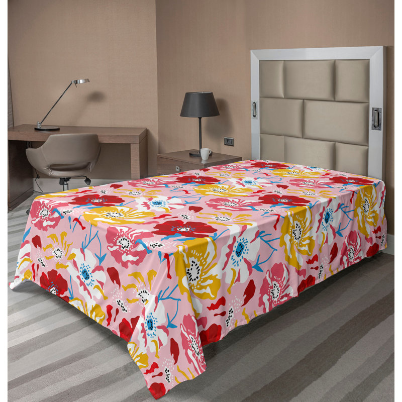 Ambesonne Abstract Floral Flat Sheet Flowers on Rose Mustard Pink and Raspberry, Twinxl Flat Sheet