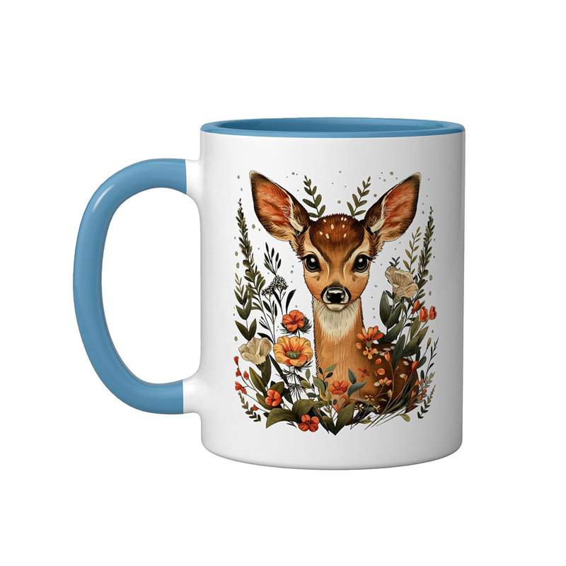 Cottagecore Floral Deer Ceramic Mug, 11oz