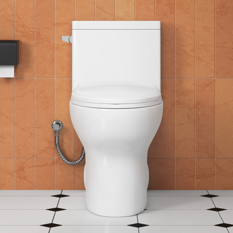 Toilette monobloc allongée au plancher à hauteur confort (siège inclus), Côté gauche