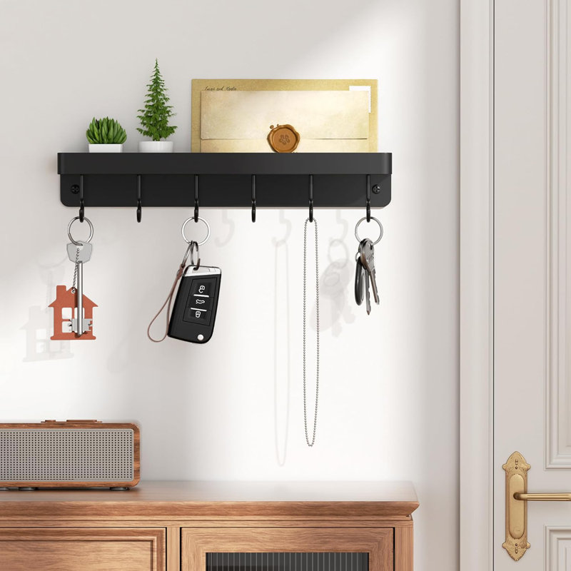 Porte-clés mural noir, support à crochets auto-adhésif en acier inoxydable avec tablette de rangement, sans perçage, convient aux portes et aux murs