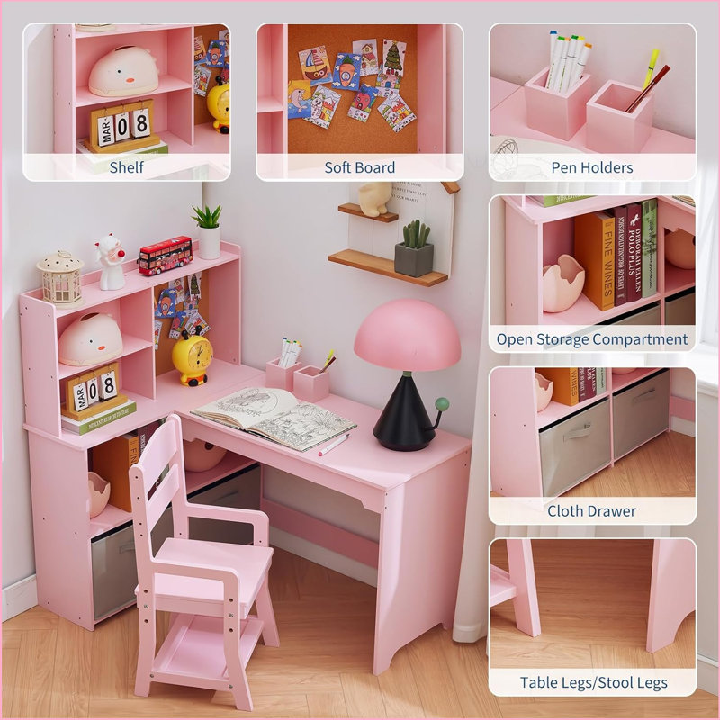 Ensemble de bureau et de chaise pour enfants, bureau d'angle pour enfants, table d'étude pour enfants avec bibliothèque, tiroir en tissu et babillard pour garçons et filles