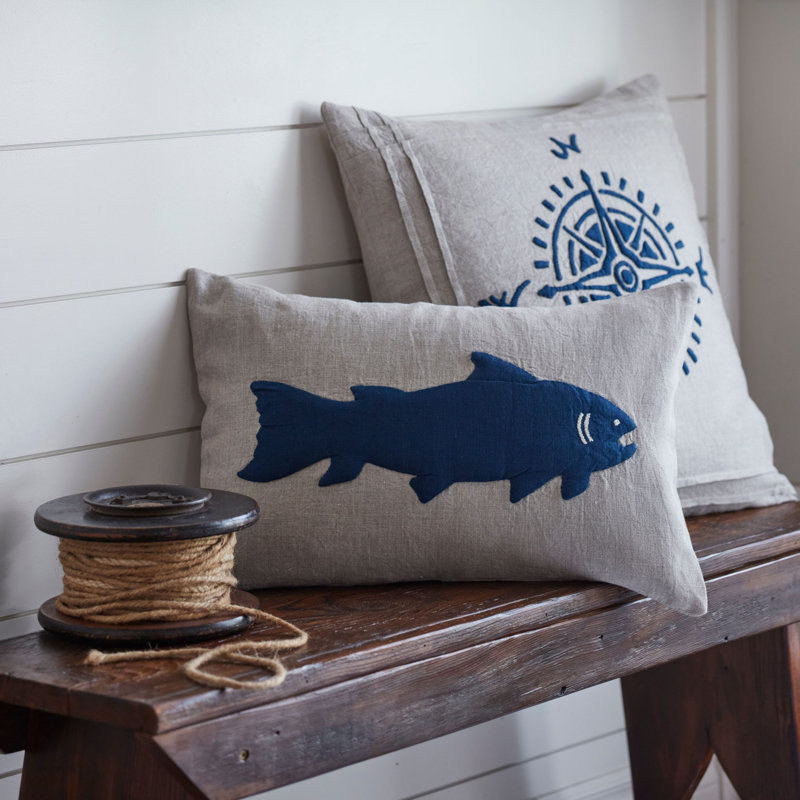 Fish Coastal Boudoir Pillow, Beige/Navy