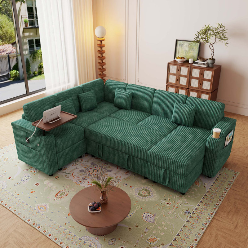 Canapé-lit d'angle en velours côtelé de 254 cm (100 pouces) avec ports USB et rangement