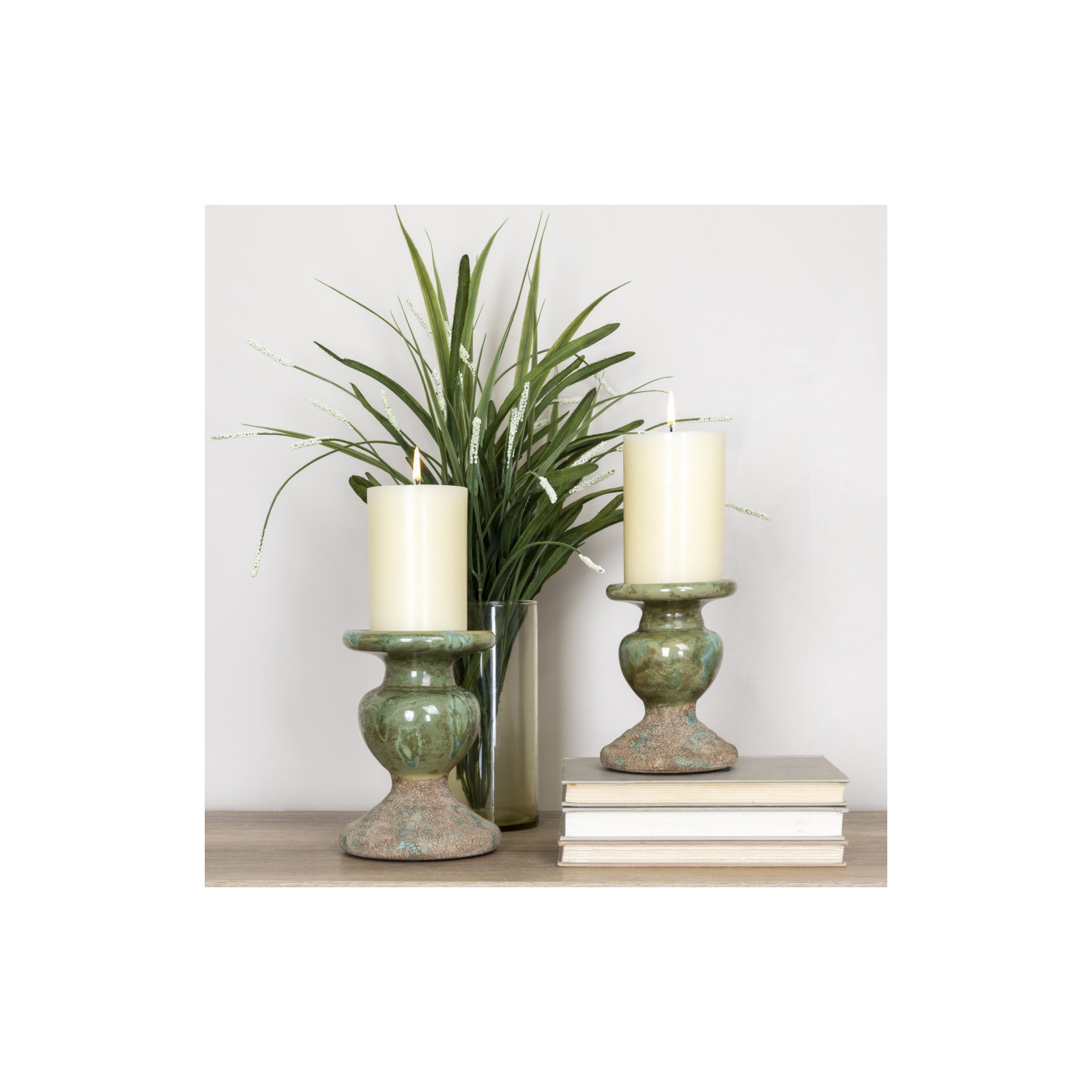 Waikiki Earthenware Tabletop Candlestick, Distressed Green, 6.5" H x 5.5" W x 5.5" D
