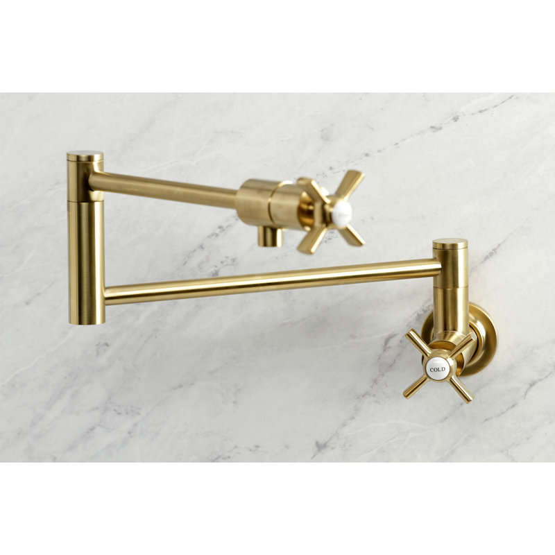 Kingston Brass Manhattan Two-Handle 1-Hole Wall Mount Pot Filler Faucet, Brushed Brass, Knob/Cross Handle