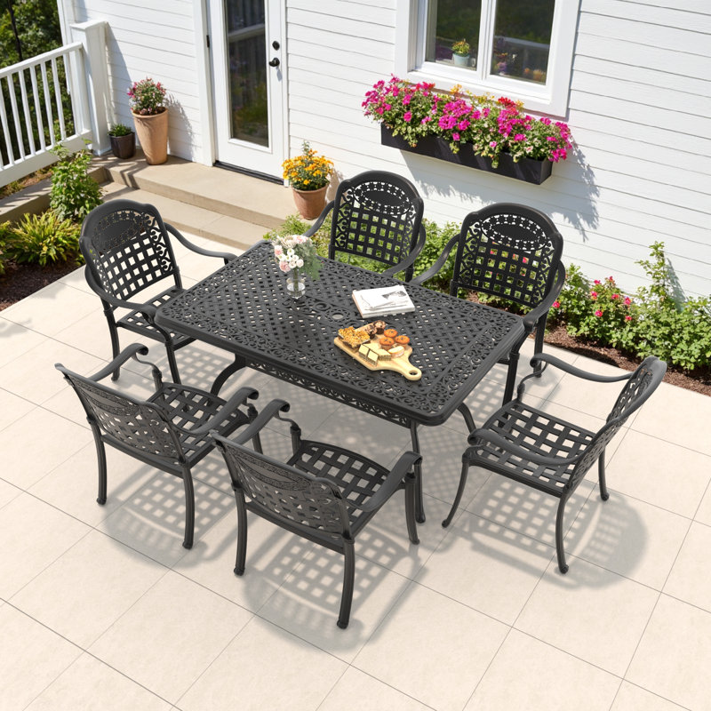 Diredra 7-Piece Cast Aluminum Patio Dining Set with 59" Rectangular Table, Umbrella Hole & Blue Cushions, 6