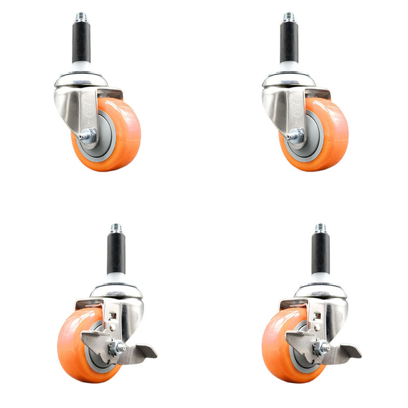 Ensemble de roulettes extensibles 3 pouces en poly 316SS 7/8 pouces pivotant 3 freins SCC, Orange