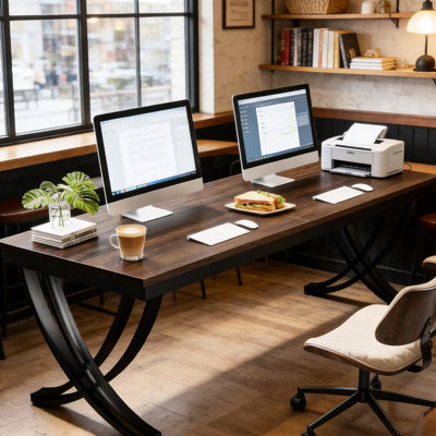 Bureau double pour ordinateur avec espace de travail vaste, idéal pour plusieurs appareils, style industriel, cadre, entretien simple, espace pour deux personnes de 78,7 po, bureau en bois et métal, à endommager