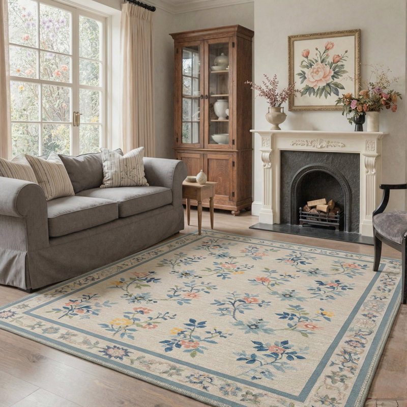 Verdura Floral Machine Washable Beige / Green / Blue Indoor Area Rug with Non-Slip Backing, Rectangle 5' x 7'