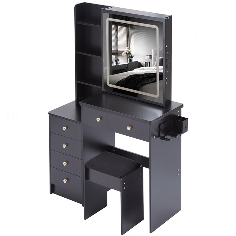 37" Middle Size Left Bedside Cabinet Vanity Table + Cushioned Stool Dresser Set, 2 AC+2 USB Socket, Hair Dryer Stand, Large Touch Control LED Sliding Mirror, 3-Color Switch, EPA, GCC, UL Certificate