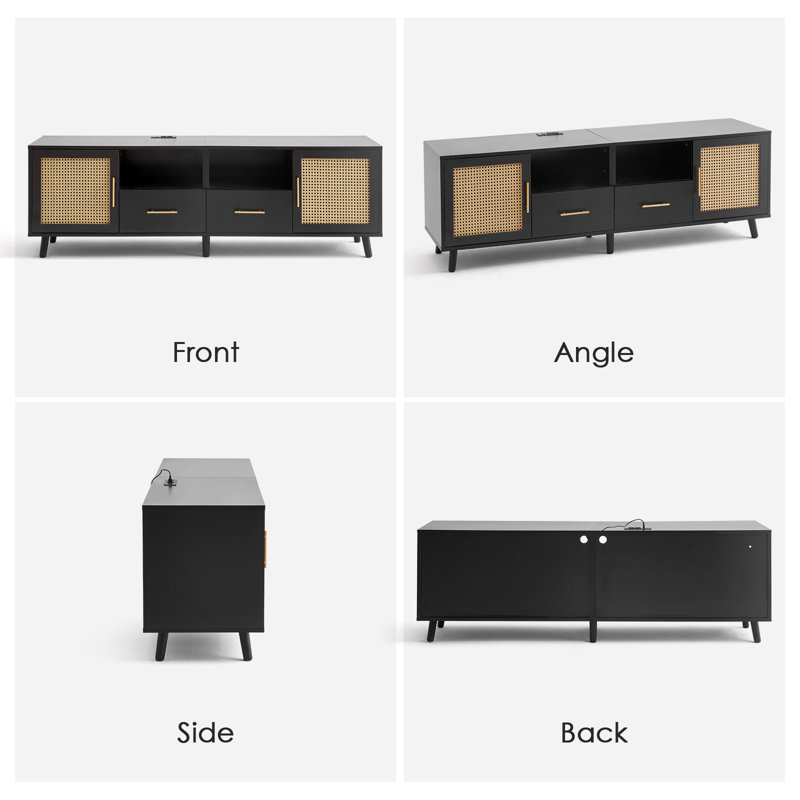 Black Wood and Rattan TV Stand with RGB Lights