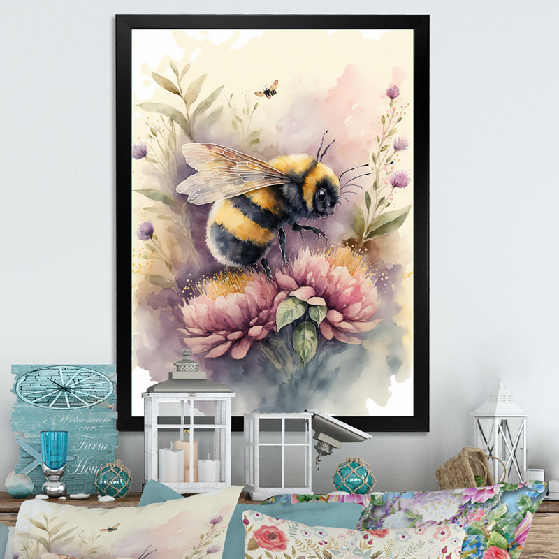 «Kashlee Bee Flying to a Flower WaterColor I», reproduction sur toile, Impression noire sur toile encadrée, L 12 po x H 20 po