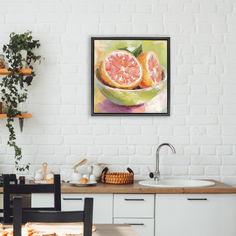 Tranches de pamplemousse dans un cadre flottant en forme de bol, design par Riley B, 18 x 18, Jet Black Floater Framed
