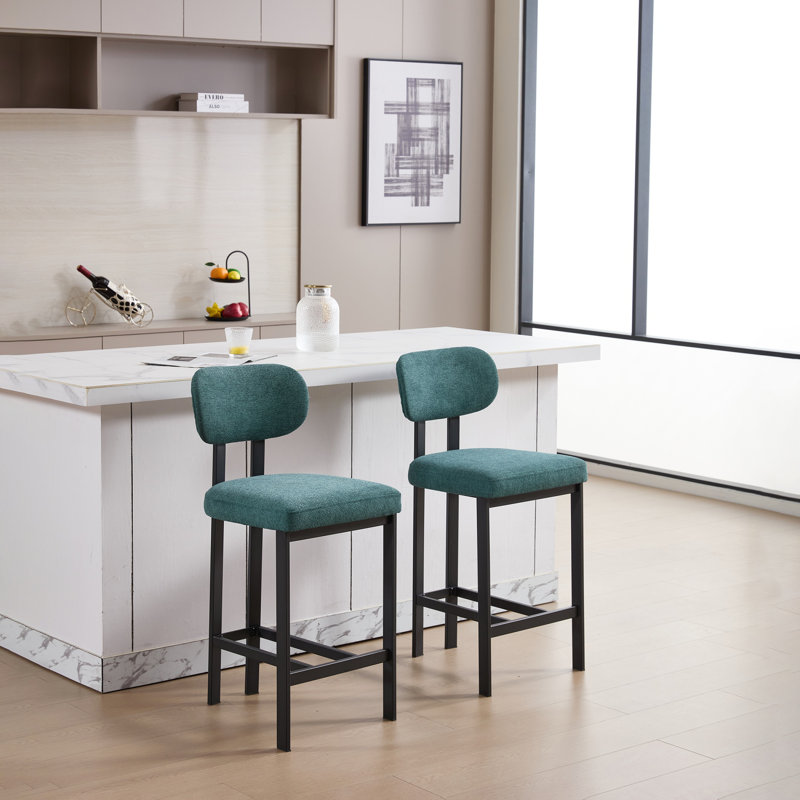 Modern Upholstered Fabric Bar Stools Set Of 2, 26 Inch Counter Height With Comfortable Cushion And Black Metal Legs