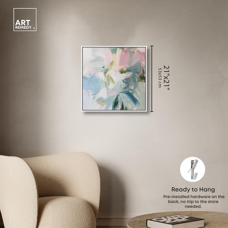 Élégante toile abstraite verte, art coloré moderne par Art Remedy, Cadre flottant blanc, H 21 po x l 21 po x P 1,8 po
