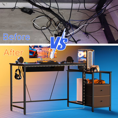Aisdeer Gaming Desk With Power Outlet And Reversible Storage Cabinet, Corner Computer Desk With Cable Management Box, Led Lights And Drawers
