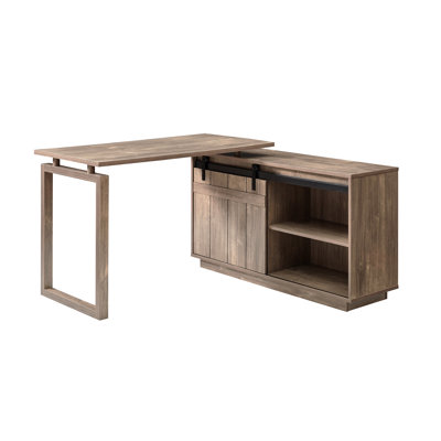 Bureau à domicile en forme de L avec rangement en noisette et porte de grange coulissante, panneau de particules + structure principale, largeur de 57,12 po, profondeur de 52,66 po, hauteur de 29,59 po, poids de 78 lb, conception réversible pour agencement de pièce simple
