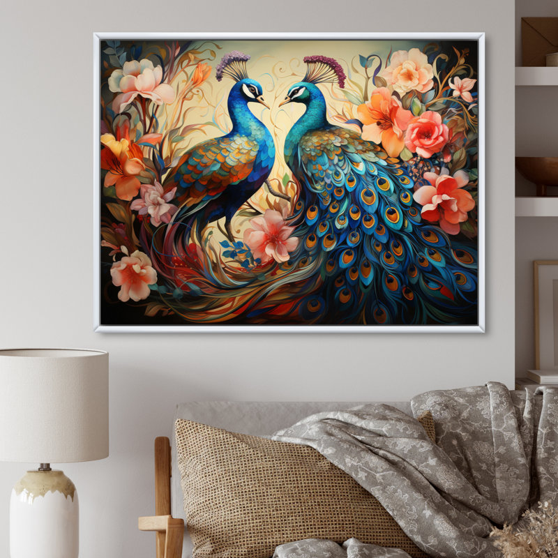 «Blue Coral Indian Art Dancing Peacocks I», art mural indien, H 12 po x l 20 po x P 1 po, Cadre flottant blanc