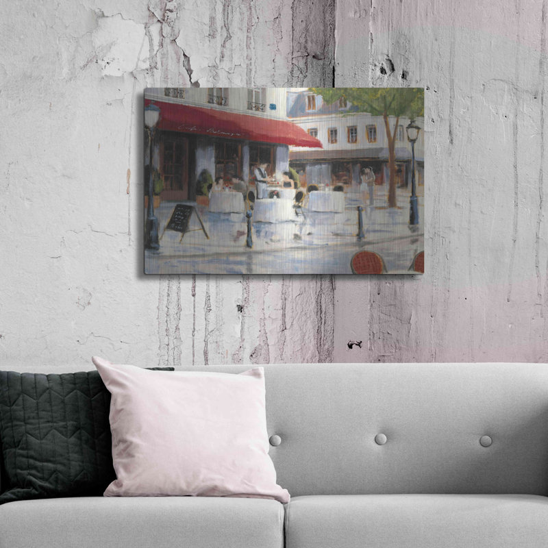 «Relaxing at the Cafe I» par James Wiens, art mural en métal, 36 po x 24 po