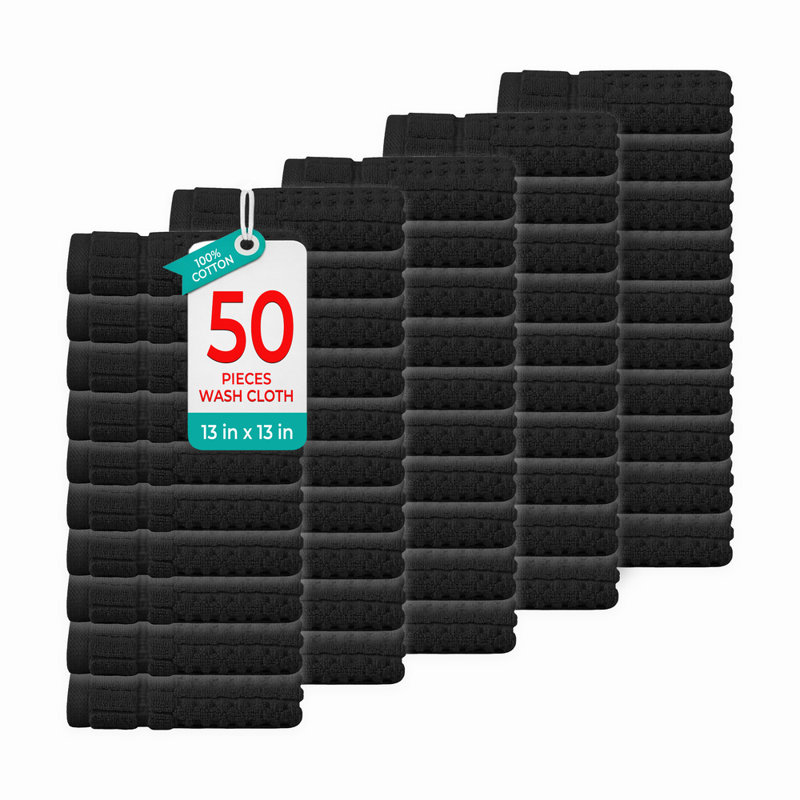 Ensemble de débarbouillettes 50 pièces Willow - 100% coton peigné, qualité supérieure 630 g / m², noir, ultra doux et très absorbant (50 serviettes de toilette)