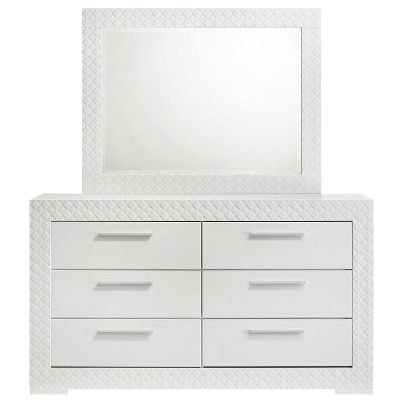 Commode 6 tiroirs et miroir blanc brillant