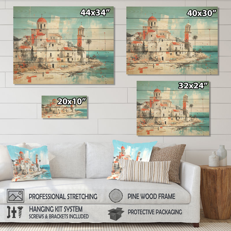 Impression de l'île grecque de Santorin I - Santorin sur bois, H 10 po x l 20 po